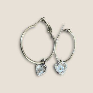 Silver-Tone Hoop Earrings With Dangle Heart Charm Lightweight & Stylish Jewelry